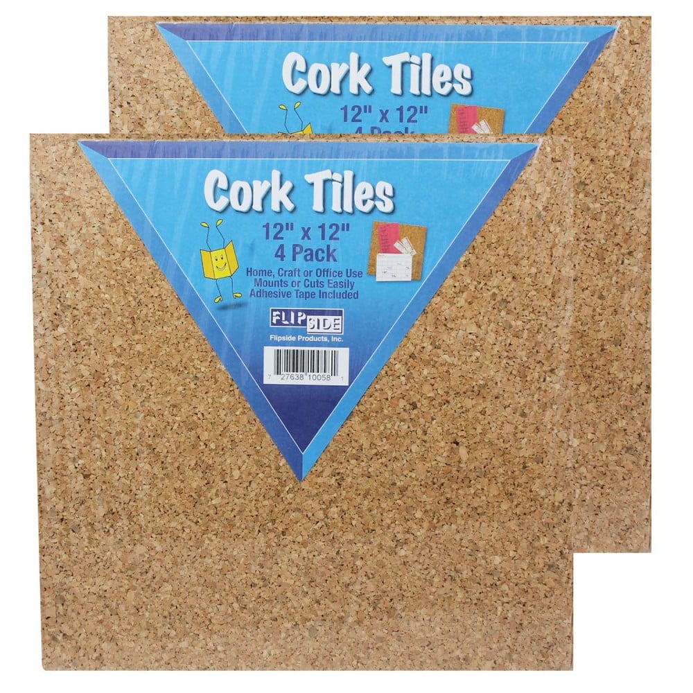 Flipside Cork Tiles, 12inH x 12inW x 1/8inD, Natural, 4 Tiles Per Pack, Set Of 2 Packs MPN:FLP10058-2