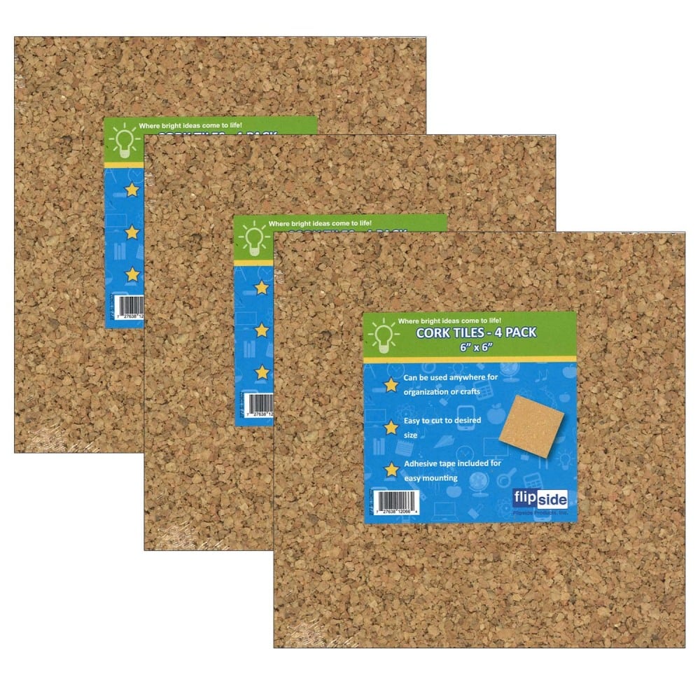 Flipside Cork Tiles, 6inH x 6inW x 1/8inD, Natural, 4 Tiles Per Pack, Set Of 3 Packs MPN:FLP12066-3