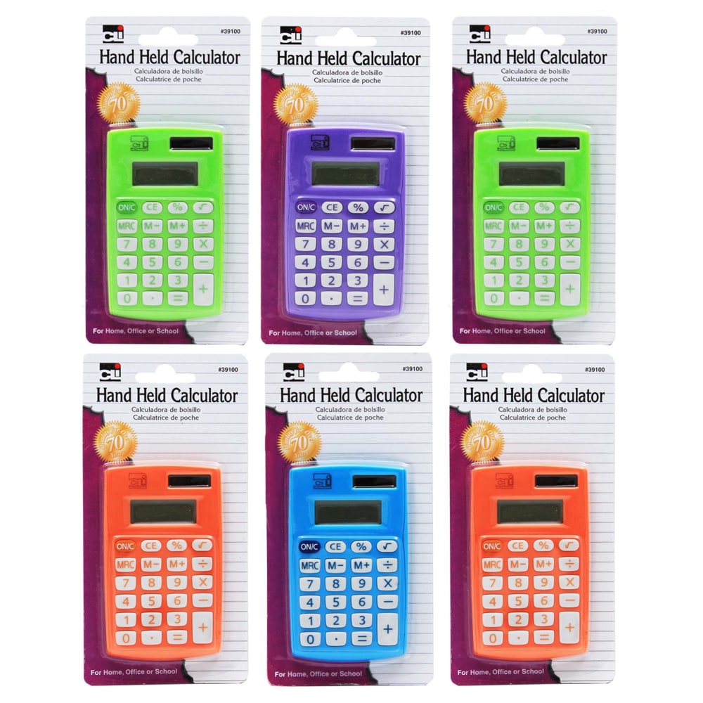 Charles Leonard Primary Dual-Powered 8-Digit Calculators, 3-3/4inH x 2-1/4inW x 19/50inD, Assorted Colors, Pack Of 6 Calculators MPN:CHL39100-6