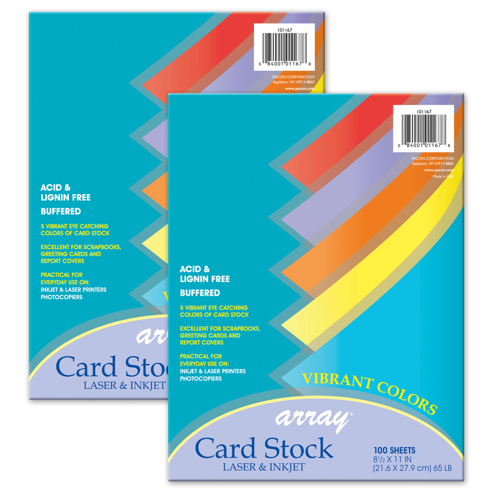 Pacon Vibrant Card Stock, Assorted Colors, Letter (8.5in x 11in), 65 Lb, 2 Packs Of 100 MPN:PAC101167-2