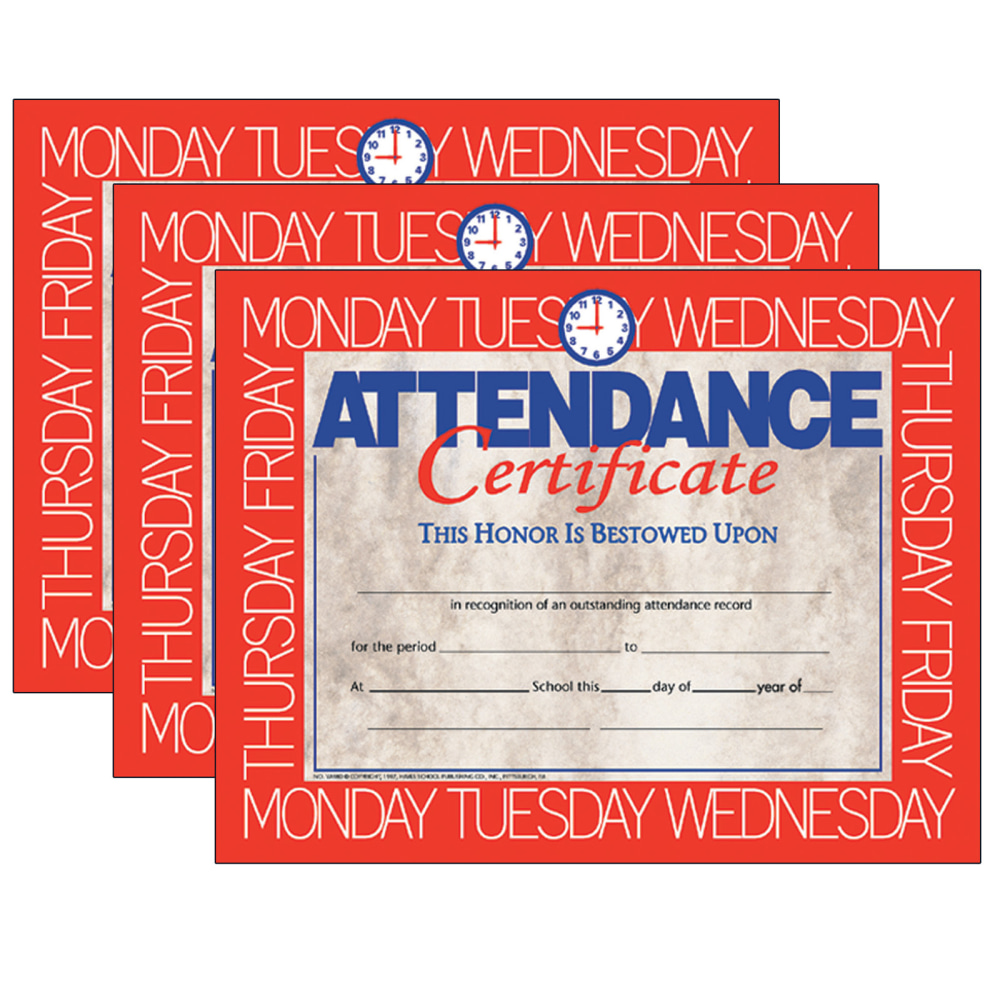 Hayes Certificates, 8-1/2in x 11in, Attendance, 30 Certificates Per Pack, Set Of 3 Packs MPN:H-VA580-3