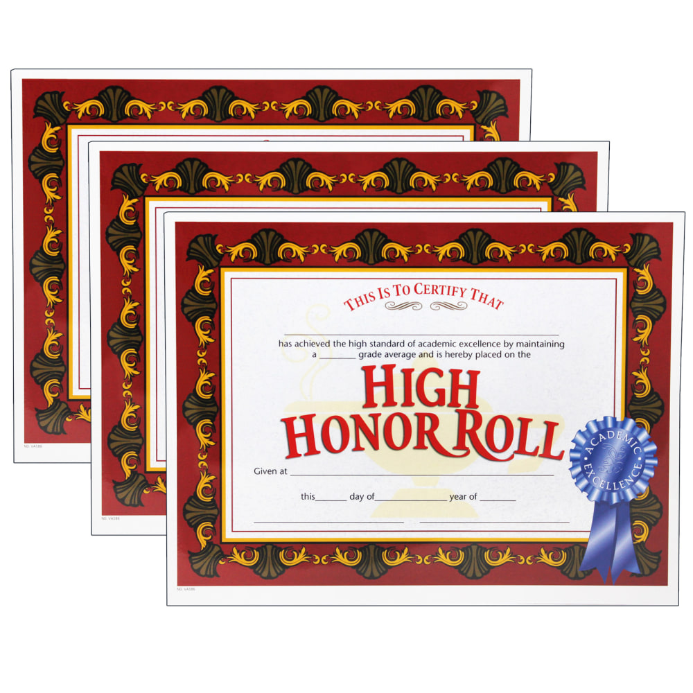 Hayes Certificates, 8-1/2in x 11in, High Honor Roll, Red, 30 Certificates Per Pack, Set Of 3 Packs MPN:H-VA586-3