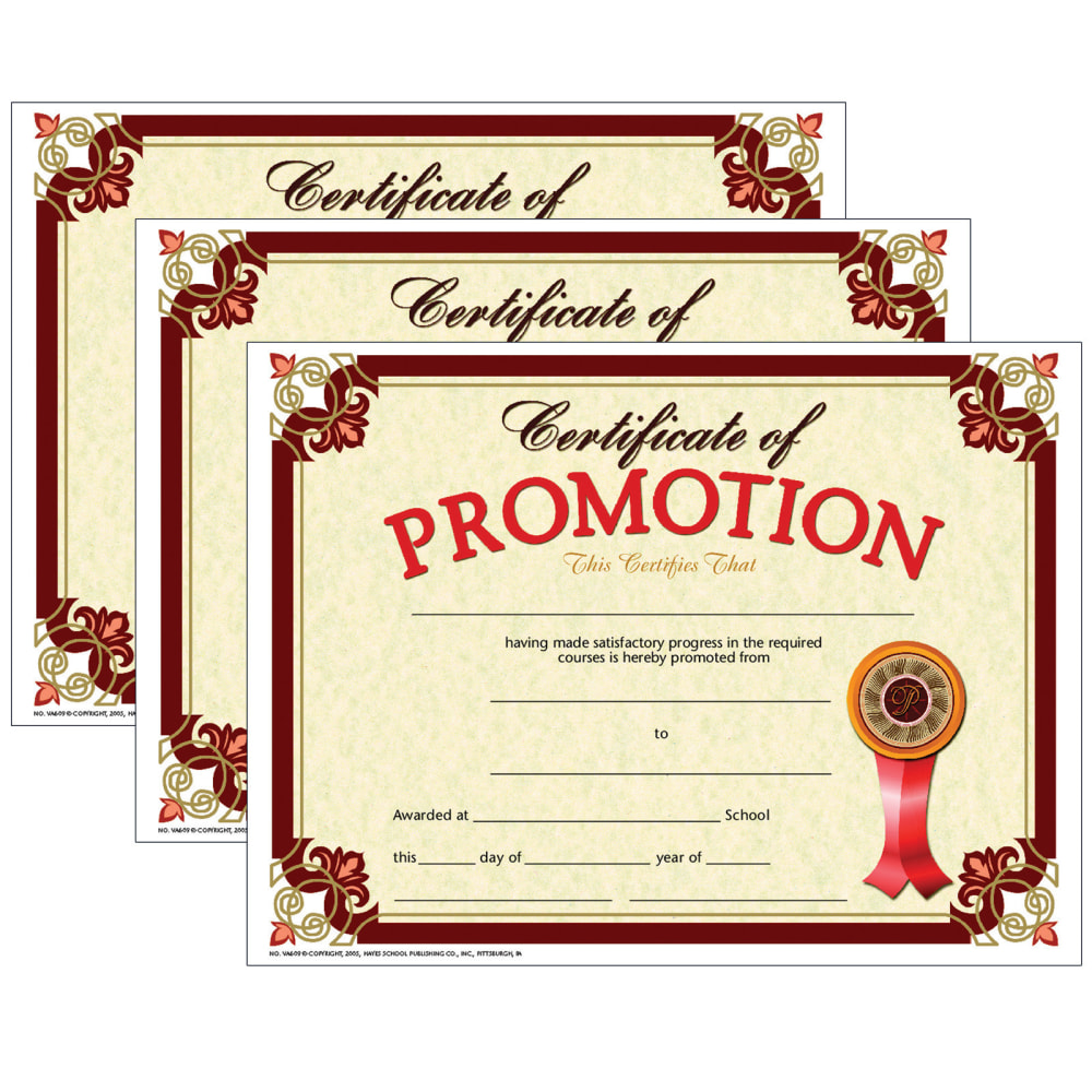 Hayes Publishing Certificate Of Promotion, 8.5in x 11in, 30 Per Pack, Set Of 3 Packs MPN:H-VA609-3