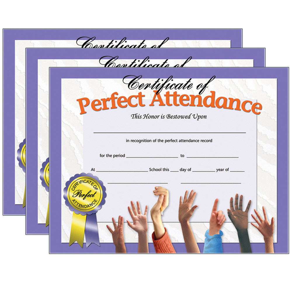 Hayes Certificates, 8-1/2in x 11in, Perfect Attendance, Hands, 30 Certificates Per Pack, Set Of 3 Packs MPN:H-VA613-3