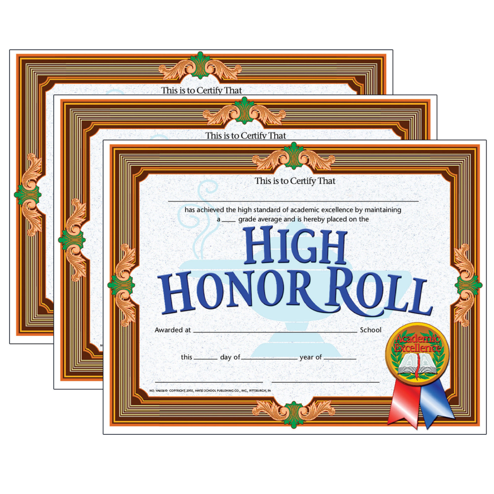 Hayes Certificates, 8-1/2in x 11in, High Honor Roll, Gold, 30 Certificates Per Pack, Set Of 3 Packs MPN:H-VA686-3