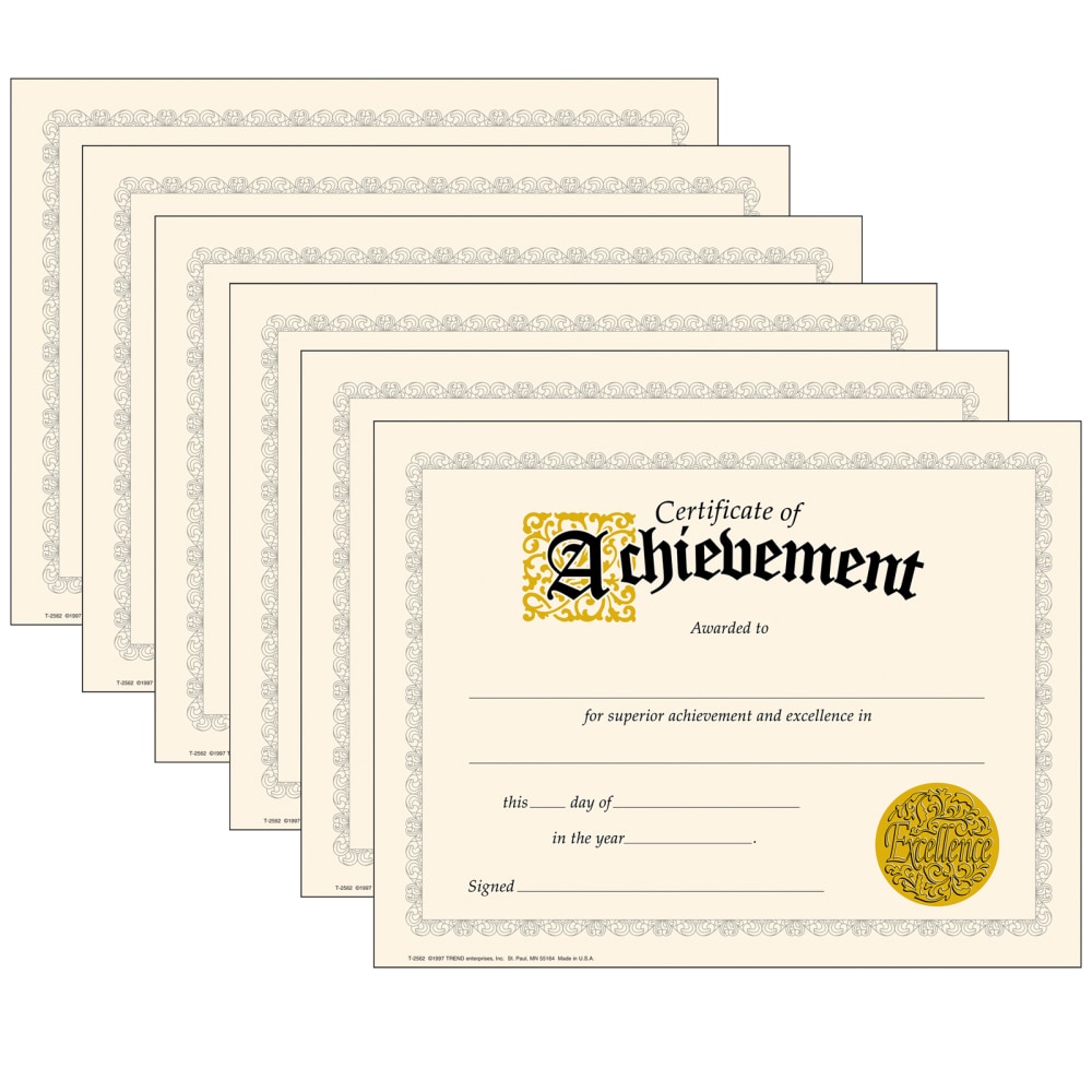 Trend Classic Certificates, 8-1/2in x 11in, Certificate Of Achievement, 30 Certificates Per Pack, Set Of 6 Packs MPN:T-2562-6