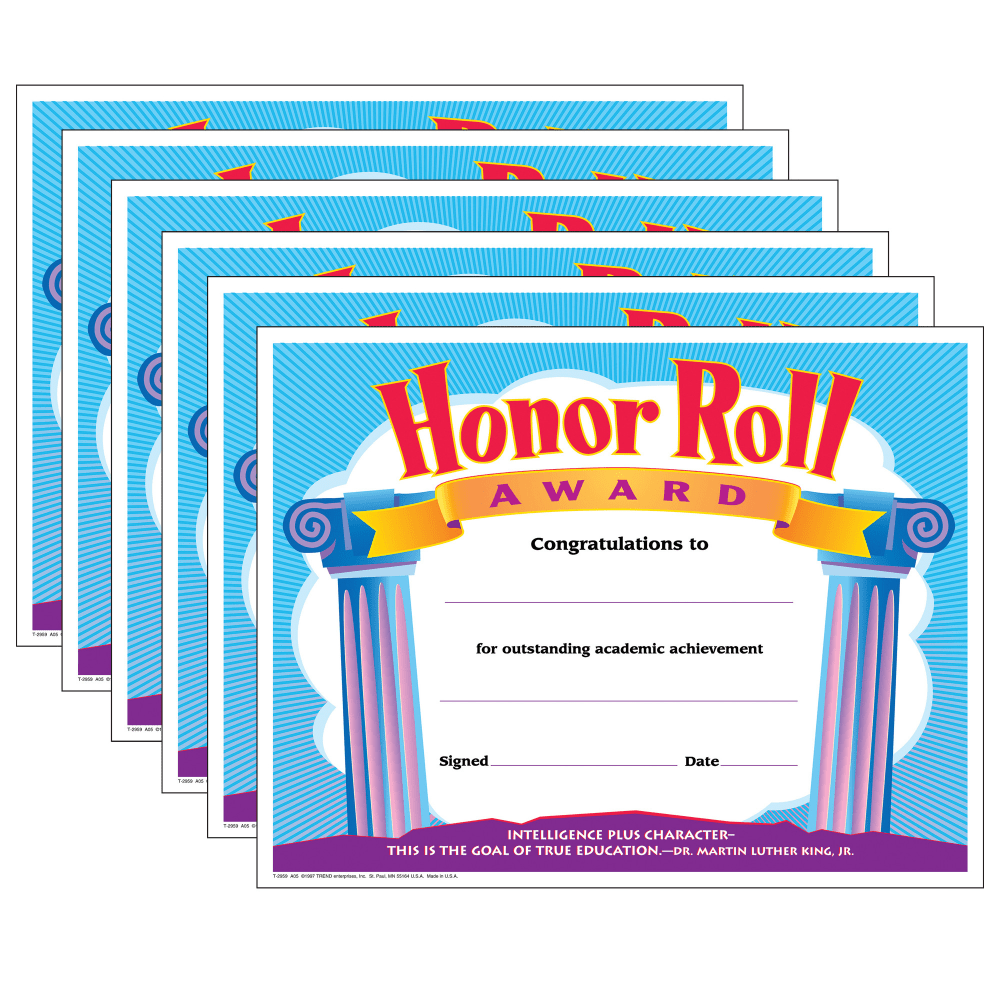 Trend Classic Certificates, 8-1/2in x 11in, Honor Roll, Pack Of 30 Certificates, Set Of 6 Packs MPN:T-2959-6