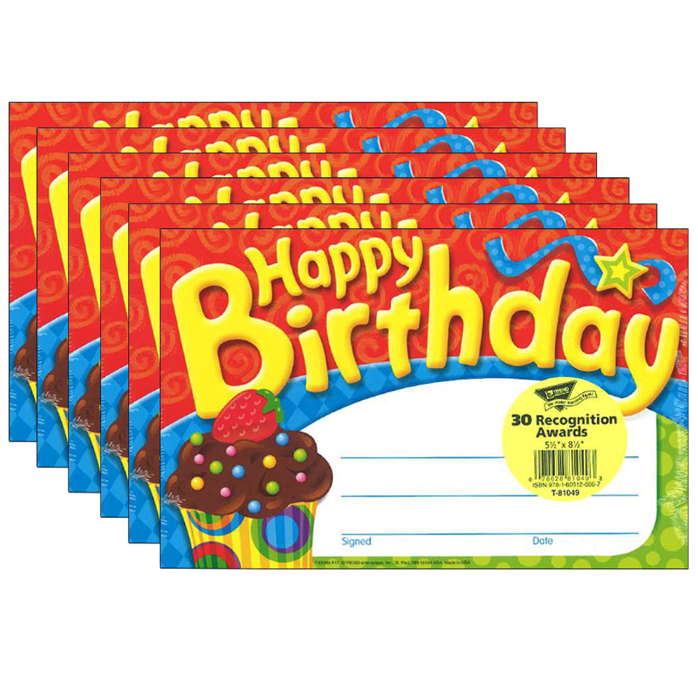 TREND Recognition Awards, 5-1/2in x 8-1/2in, Happy Birthday The Bake Shop, 30 Awards Per Pack, Set Of 6 Packs MPN:T-81049-6