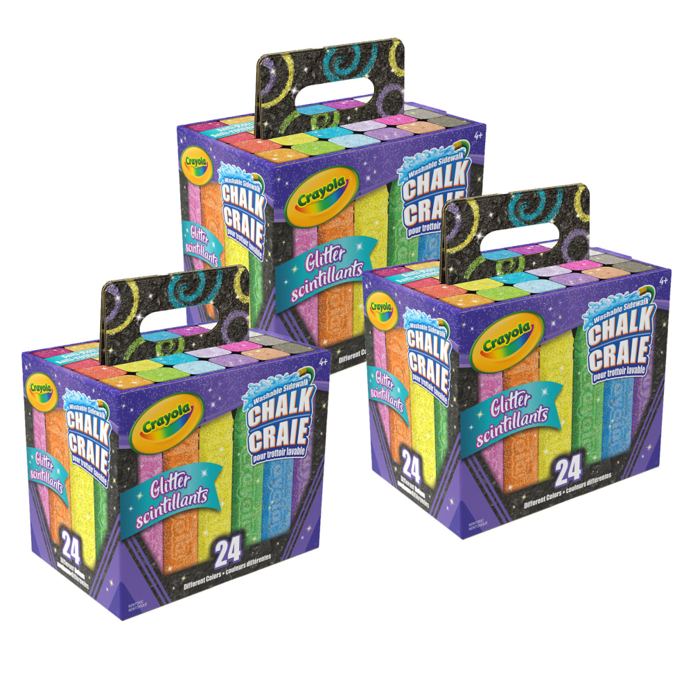 Crayola Washable Glitter Sidewalk Chalk Sticks, Assorted, 24 Chalk Sticks Per Pack, Set Of 3 Packs MPN:BIN518300-3