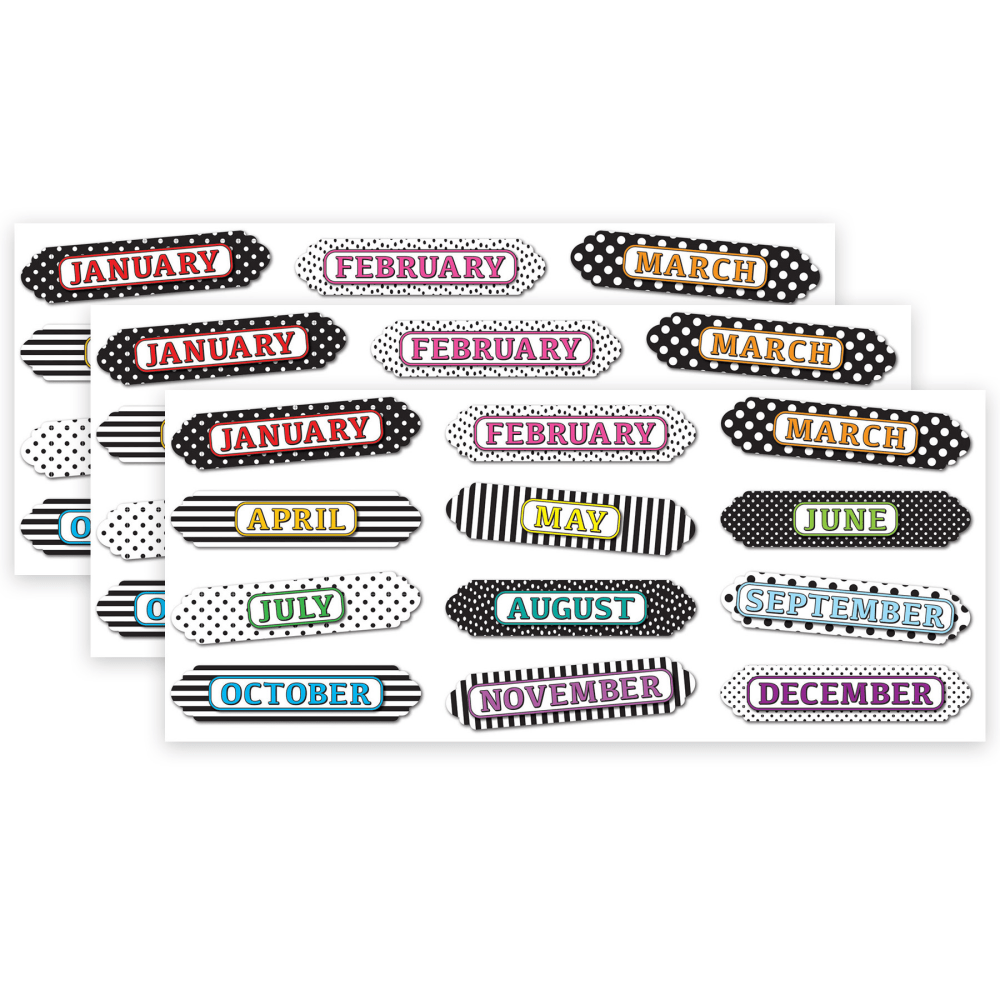 Ashley Productions Magnetic Die-Cut Timesavers & Labels, Months Of The Year, Black And White Assorted Patterns, 12 Pieces Per Pack, Set Of 3 Packs MPN:ASH19026-3