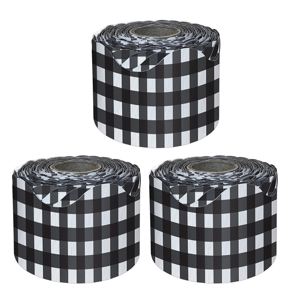Carson Dellosa Education Rolled Scalloped Borders, Black Gingham, 65ft Per Roll, Pack Of 3 Rolls MPN:CD-108507-3