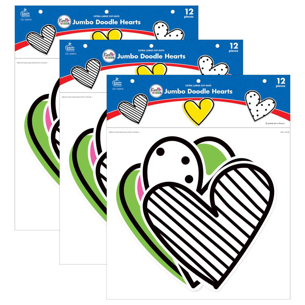 Carson Dellosa Education Cut-Outs, Kind Vibes Jumbo Doodle Hearts, 12 Cut-Outs Per Pack, Set Of 3 Packs MPN:CD-120615-3