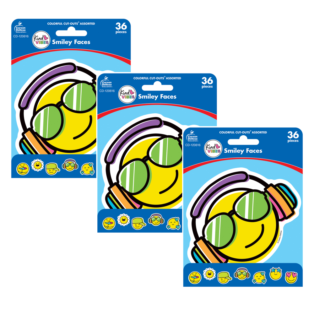 Carson Dellosa Education Cut-Outs, Kind Vibes Smiley Faces, 36 Cut-Outs Per Pack, Set Of 3 Packs MPN:CD-120616-3