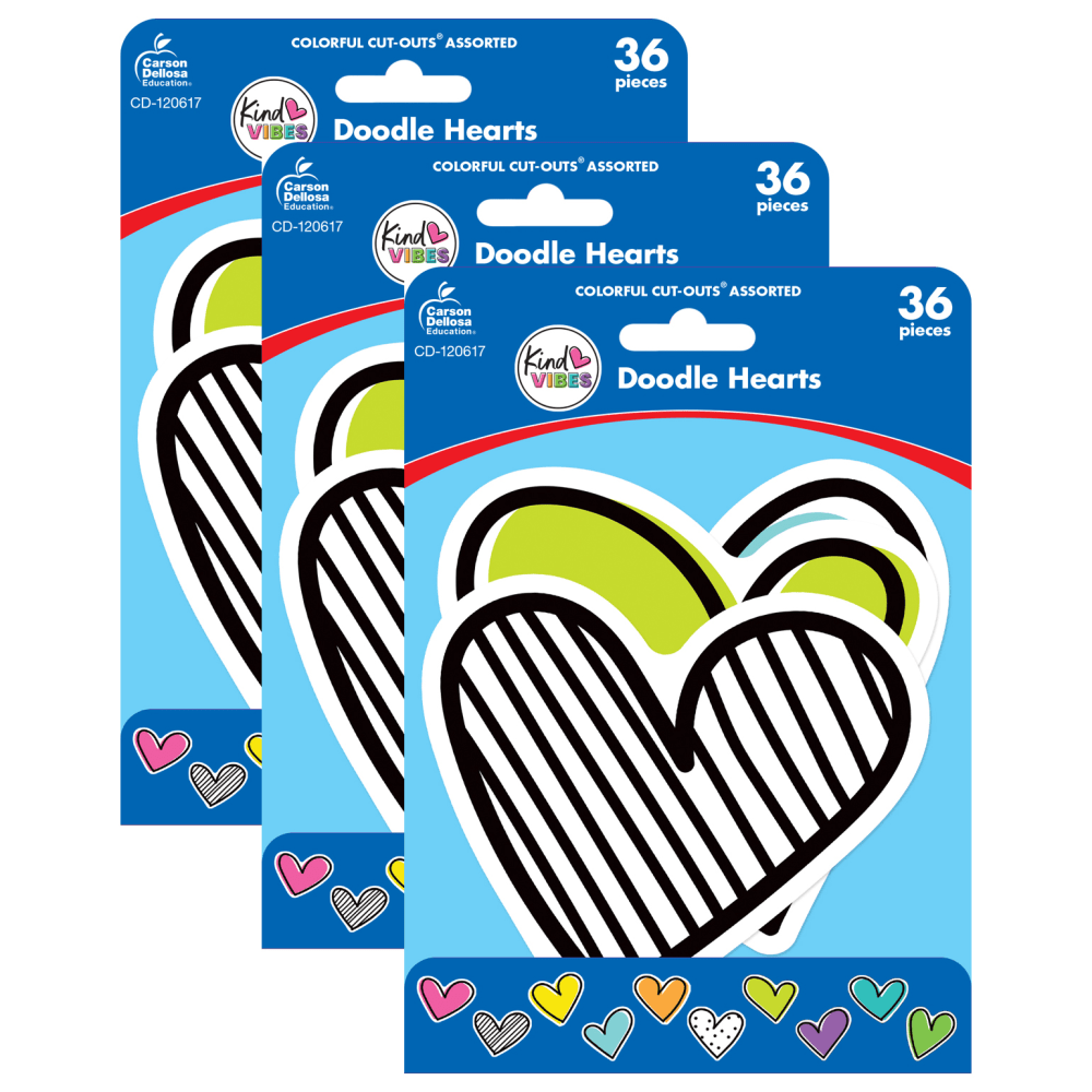 Carson Dellosa Education Cut-Outs, Kind Vibes Doodle Hearts, 36 Cut-Outs Per Pack, Set Of 3 Packs MPN:CD-120617-3