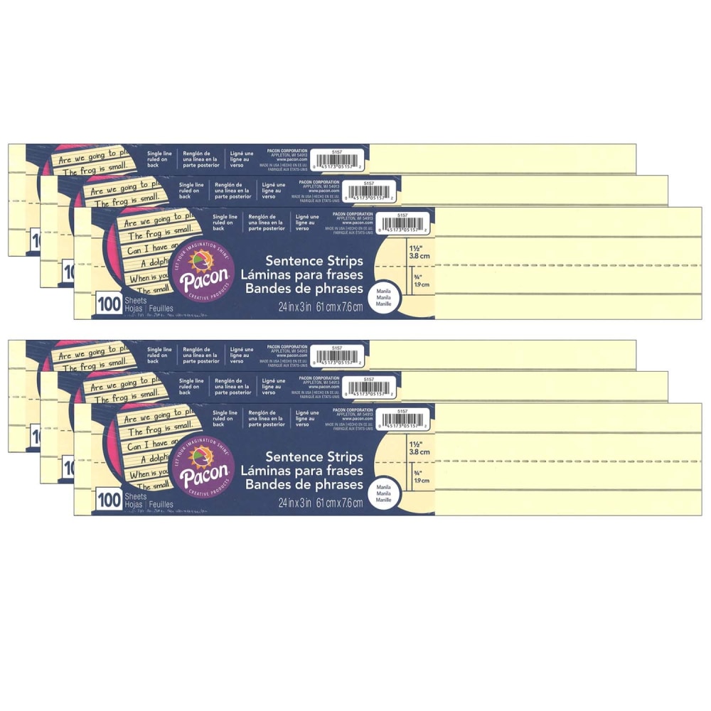 Pacon Sentence Strips, 1/16inH x 3inW x 24inD, Manila, 100 Strips Per Pack, Set Of 6 Packs MPN:PAC5157-6