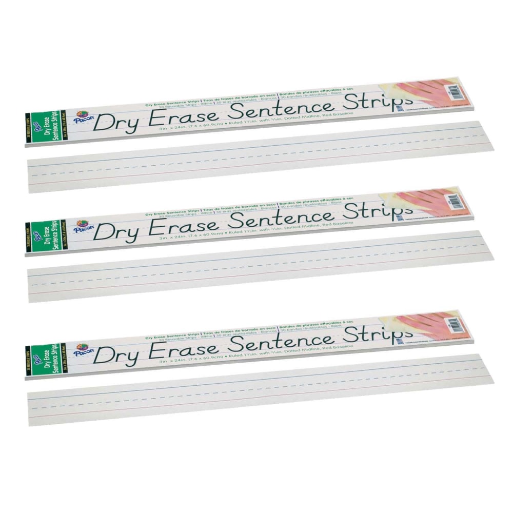 Pacon Dry Erase Sentence Strips, 1-1/2in x 3/4in Ruled, 1/16inH x 3inW x 24inD, White, 30 Strips Per Pack, Set Of 3 Packs MPN:PAC5185-3