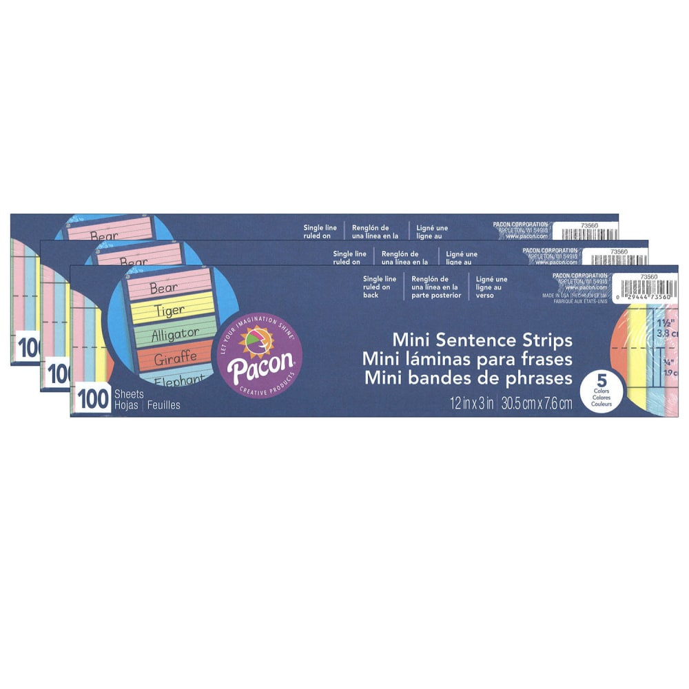 Pacon Mini Sentence Strips, 1/16inH x 3inW x 12inD, Assorted Colors, 100 Strips Per Pack, Set Of 3 Packs MPN:PAC73560-3