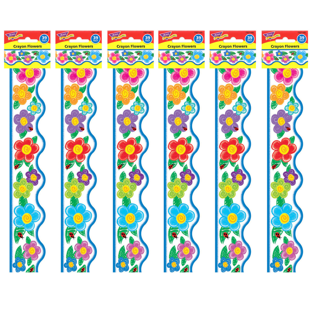 Trend Terrific Trimmers Packs, 39' x 2-1/4in, Crayon Flowers, Set Of 6 Packs MPN:T-92146-6