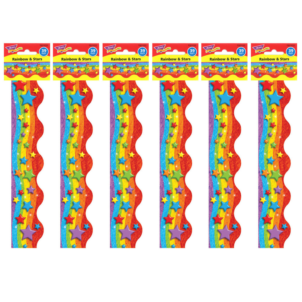Trend Terrific Trimmers Packs, 39' x 2-1/4in, Rainbows and Stars, Set Of 6 Packs MPN:T-92332-6