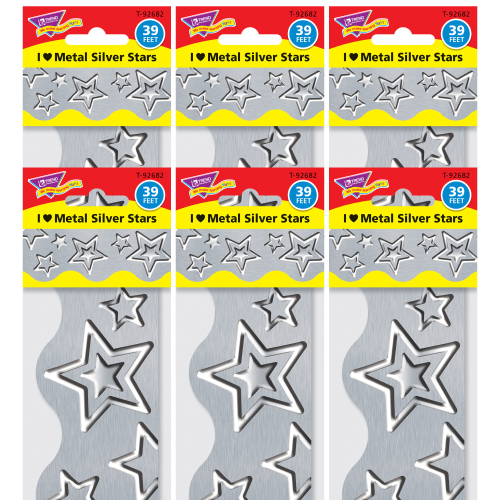 Trend Terrific Trimmers Packs, 39' x 2-1/4in, Silver Stars, Set Of 6 Packs MPN:T-92682-6