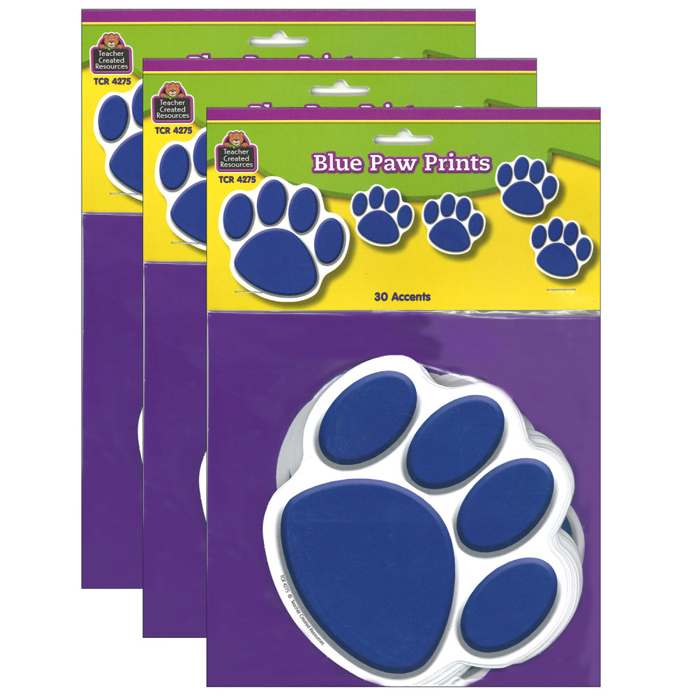 Teacher Created Resources Accents, Blue Paw Prints, 30 Accents Per Pack, Set Of 3 Packs MPN:TCR4275-3