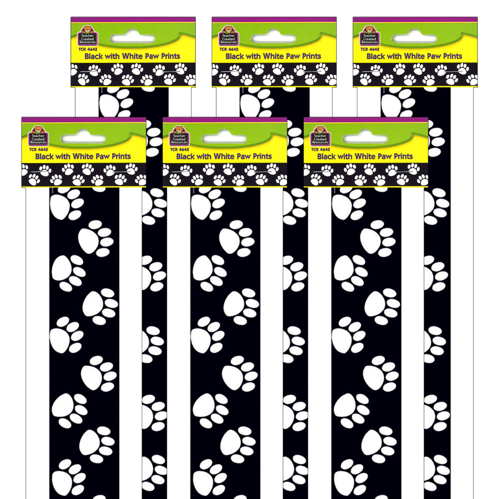 Teacher Created Resources Border Trim, Black/White Paw Prints, 35ft Per Pack, Set Of 6 Packs MPN:TCR4642-6