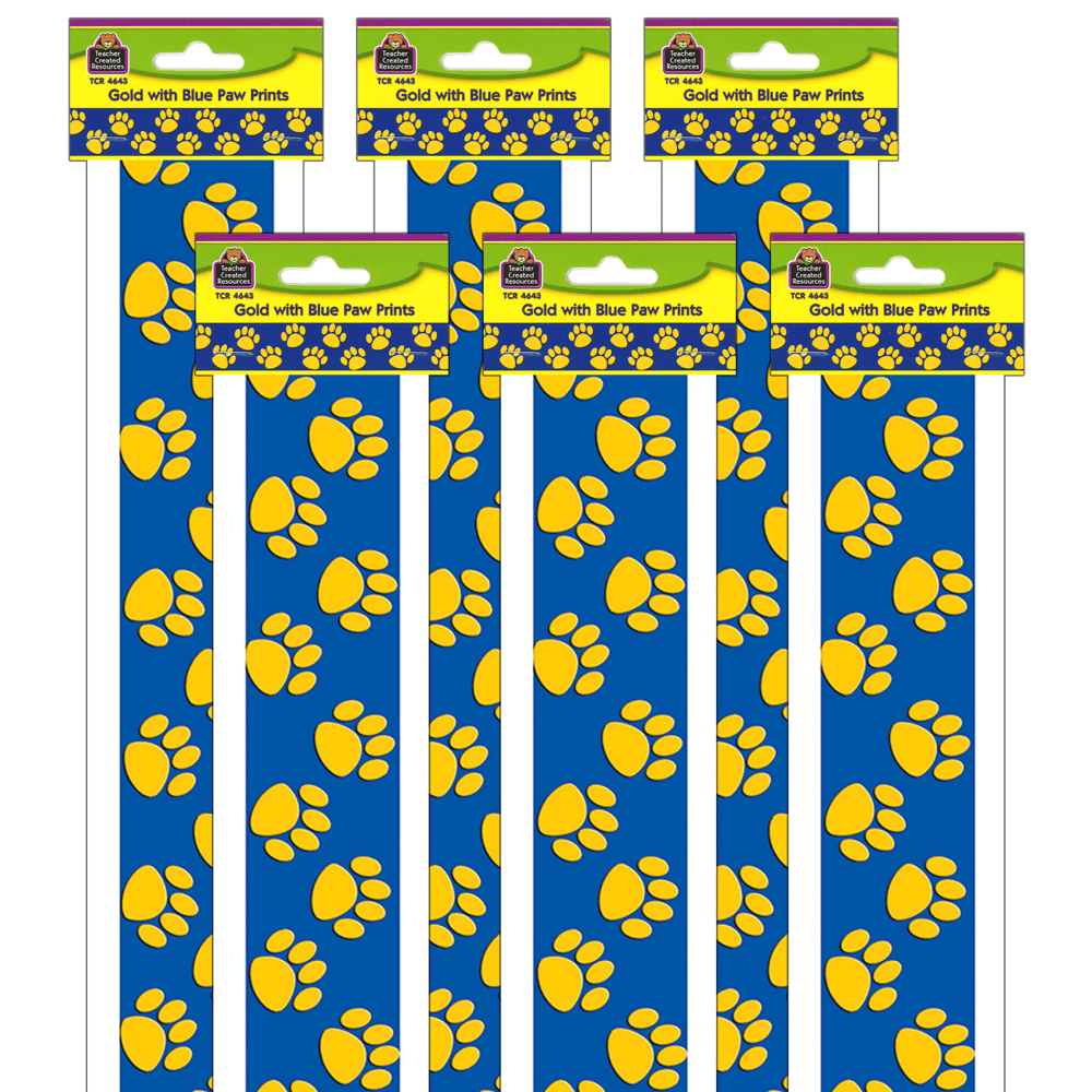 Teacher Created Resources Straight Border Trim, 3in x 35in, Blue/Gold Paw Prints, 12 Pieces Per Pack, Set Of 6 Packs MPN:TCR4643-6