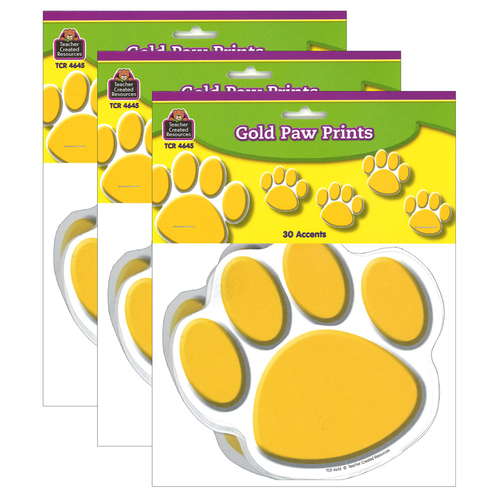 Teacher Created Resources Accents, Gold Paw Prints, 30 Accents Per Pack, Set Of 3 Packs MPN:TCR4645-3