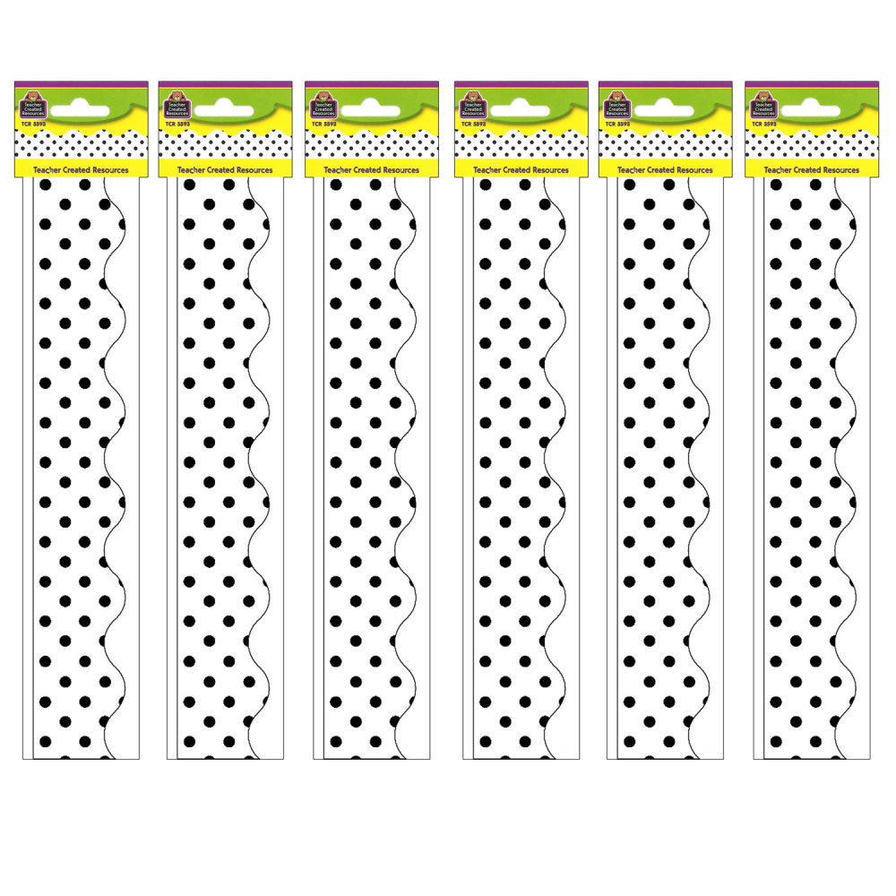 Teacher Created Resources Scalloped Border Trim Packs, 35', Black Polka Dots/White, Set Of 6 Packs MPN:TCR5593-6