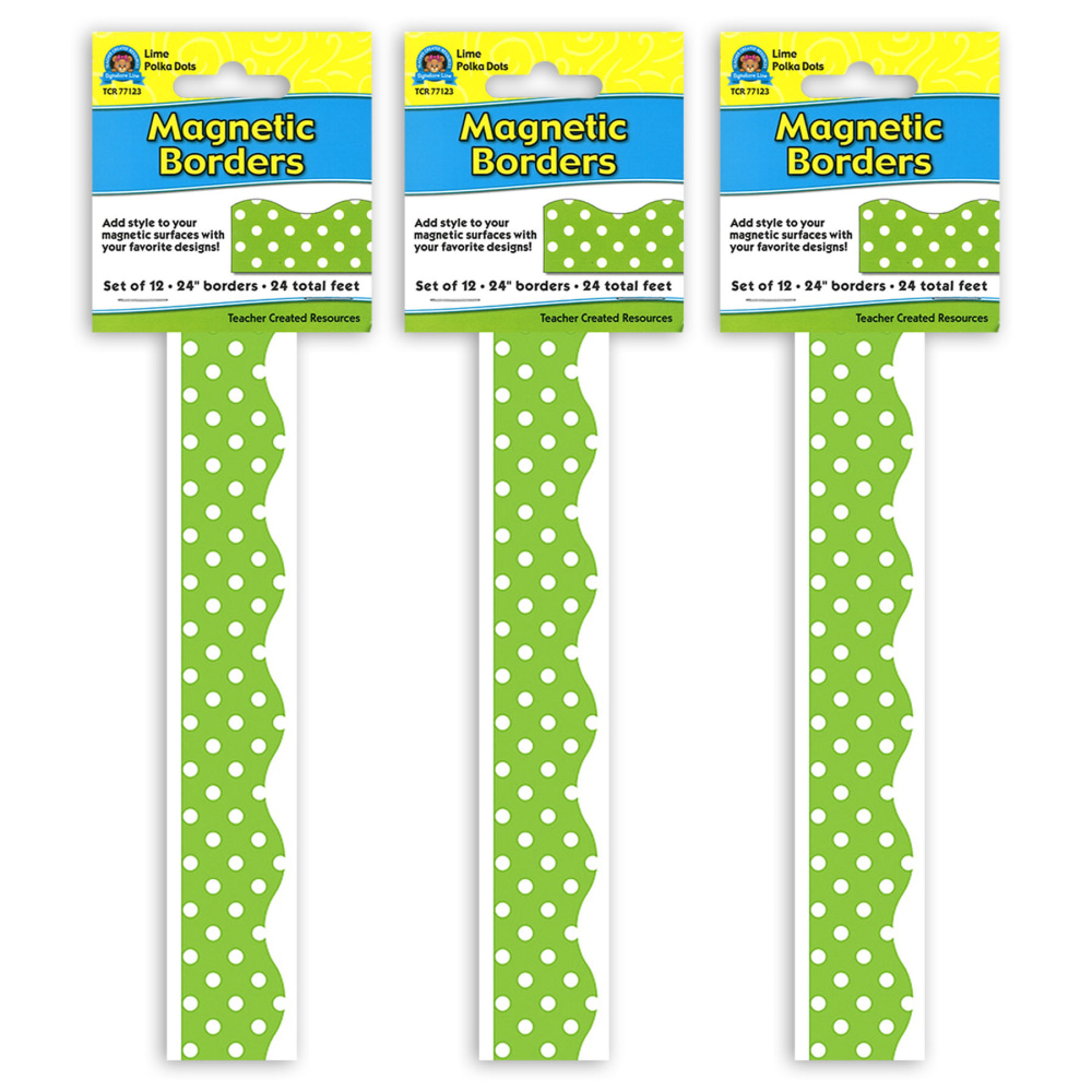 Teacher Created Resources Magnetic Borders, Lime Polka Dots, 24in x 1-1/2in, 12 Borders Per Pack, Set Of 3 Packs MPN:TCR77123-3