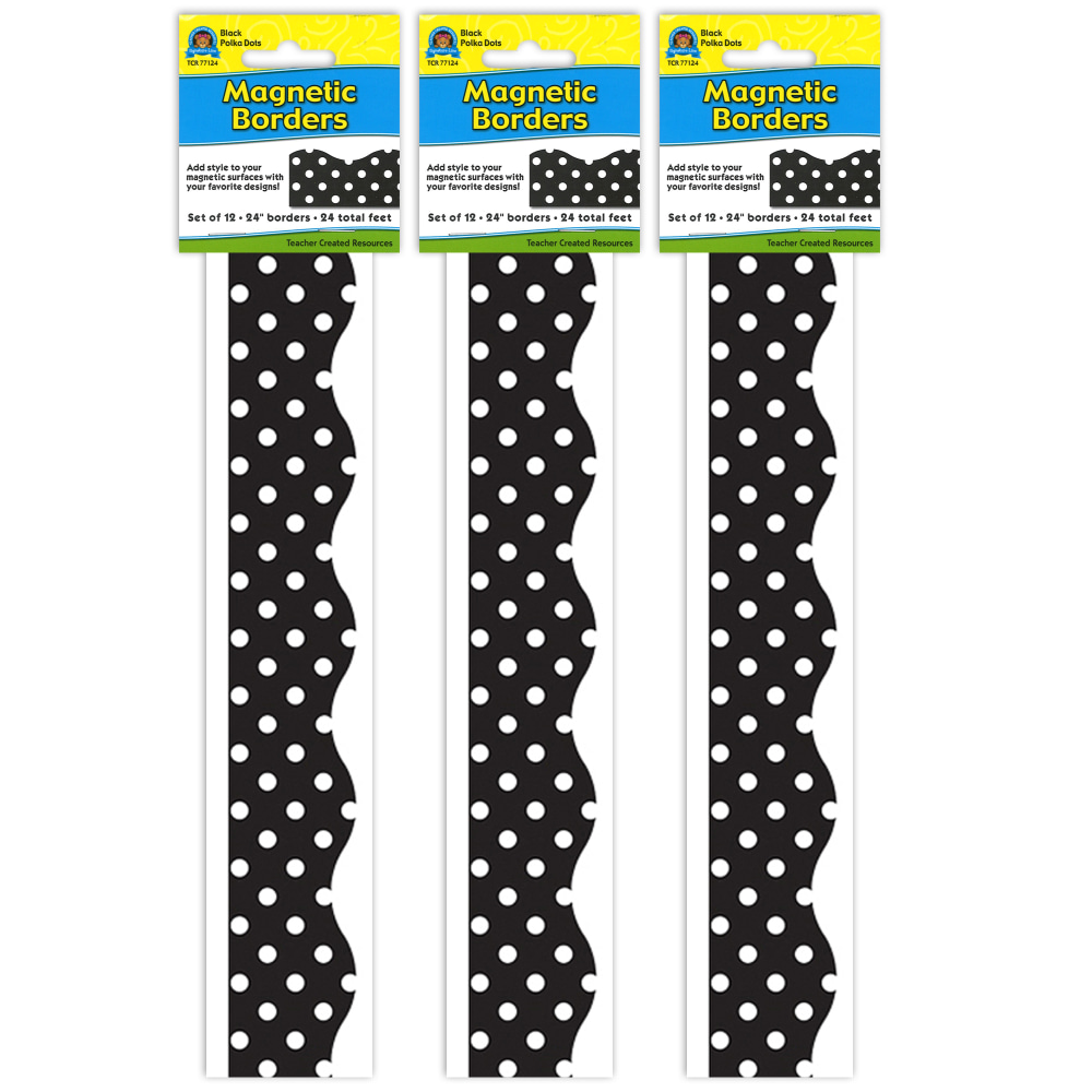 Teacher Created Resources Magnetic Borders, 24in x 1-1/2in, Black Polka Dots, 12 Boarders Per Pack, Set Of 3 Packs MPN:TCR77124-3
