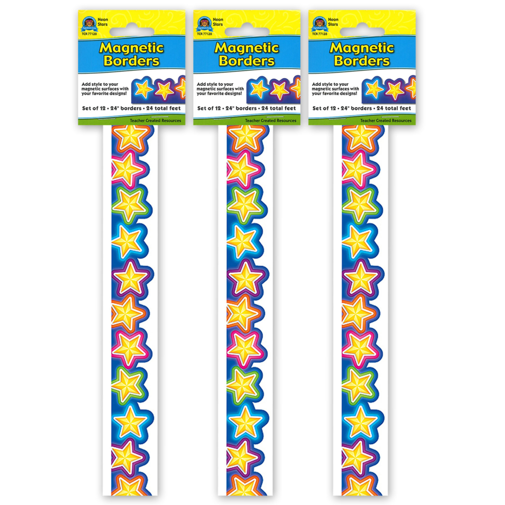 Teacher Created Resources Magnetic Borders, Neon Stars, 24in x 1-1/2in, 12 Borders Per Pack, Set Of 3 Packs MPN:TCR77128-3