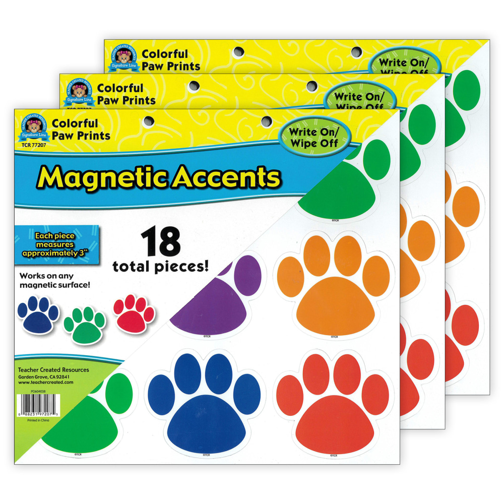 Teacher Created Resources Magnetic Accents, Colorful Paw Prints, 18 Per Packs, 3 Packs MPN:TCR77207-3
