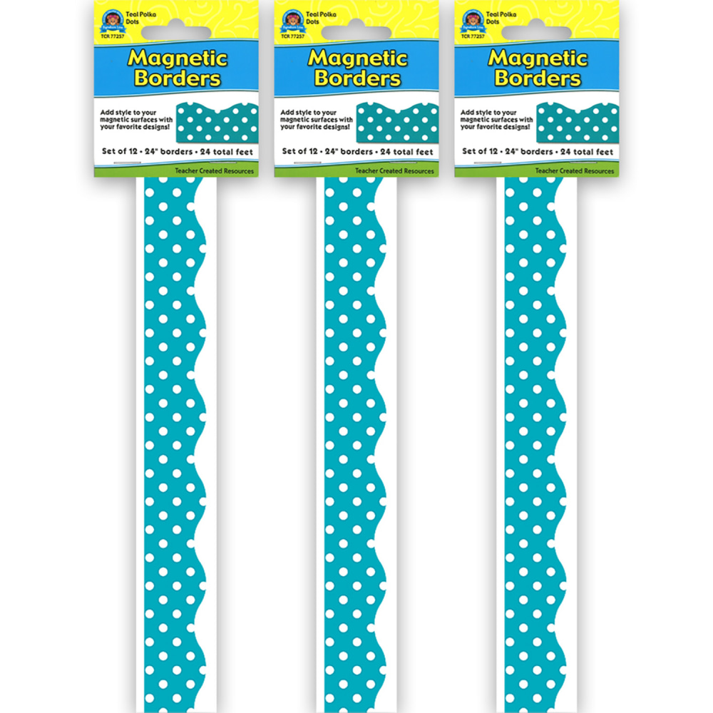 Teacher Created Resources Magnetic Borders, 24in x 1-1/2in, Teal Polka Dots, 12 Borders Per Pack, Set Of 3 Packs MPN:TCR77257-3