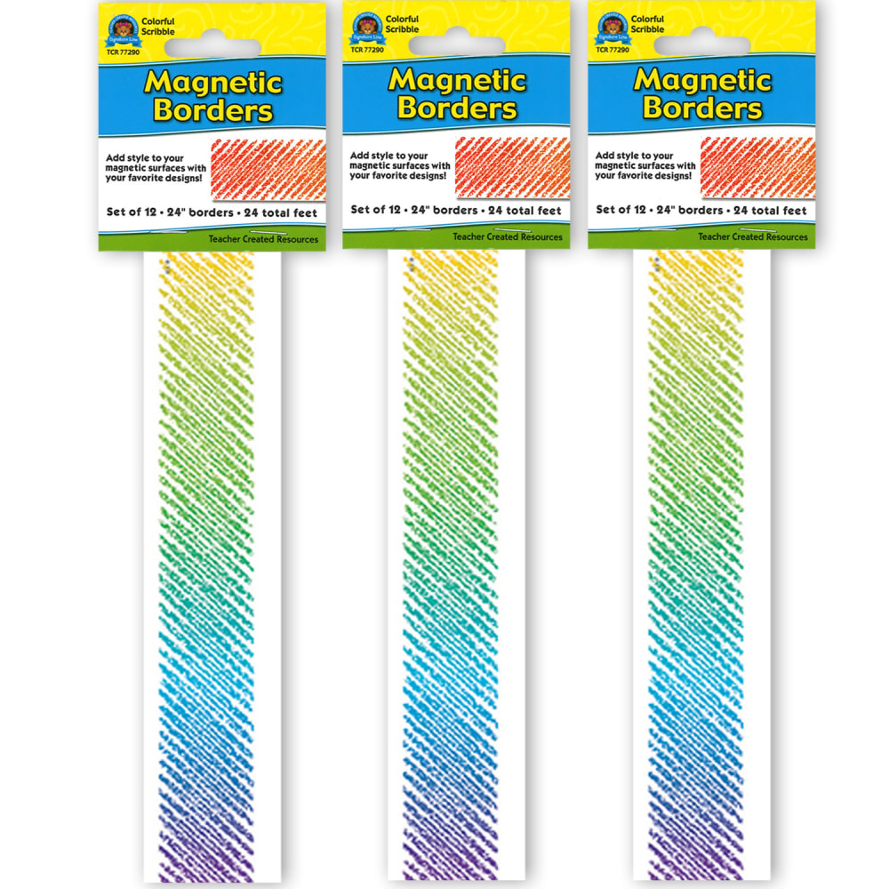 Teacher Created Resources Magnetic Borders, 24in x 1-1/2in, Colorful Scribble, 12 Borders Per Pack, Set Of 3 Packs MPN:TCR77290-3