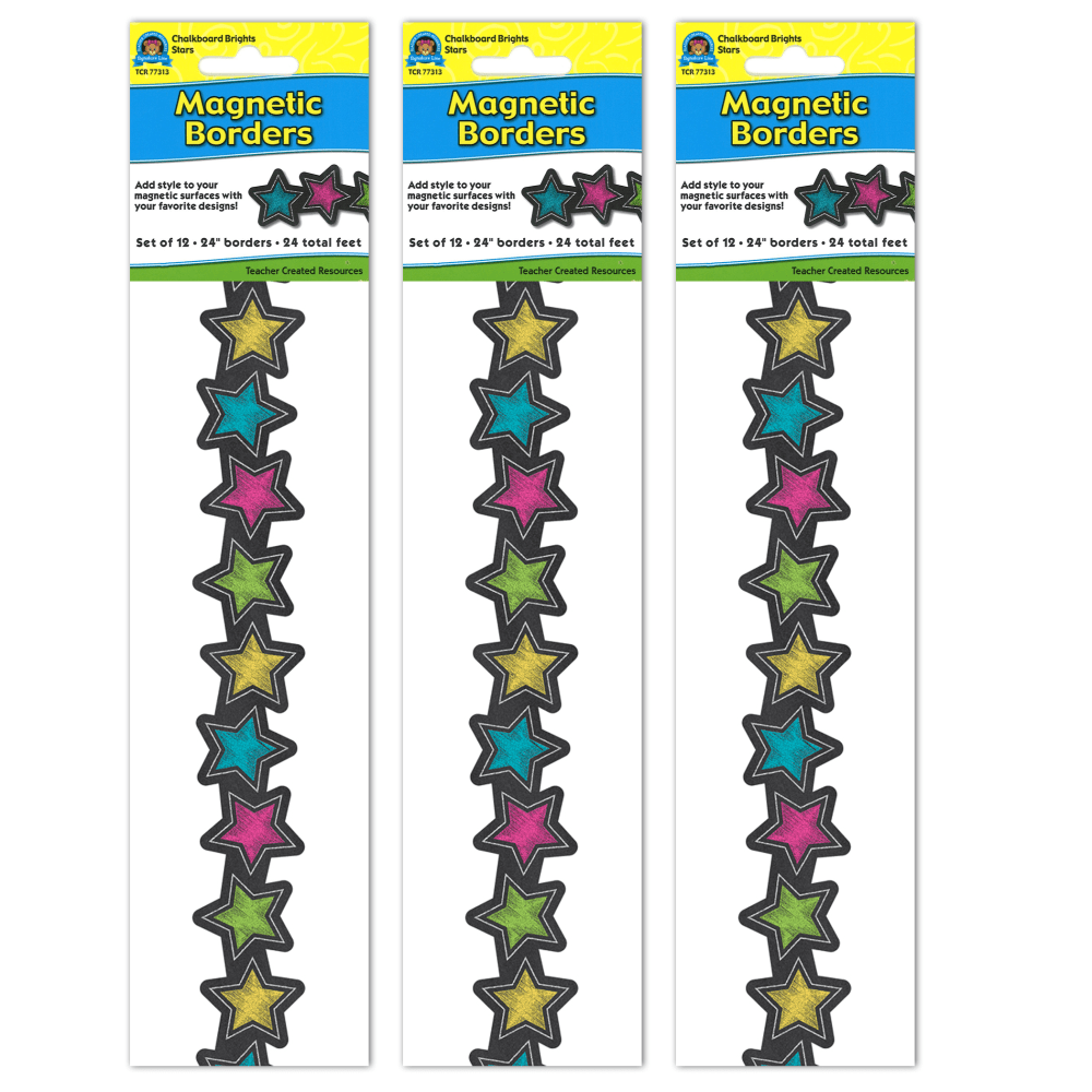 Teacher Created Resources Magnetic Borders, 24in x 1-1/2in, Chalkboard Brights Stars, 12 Boarders Per Pack, Set Of 3 Packs MPN:TCR77313-3