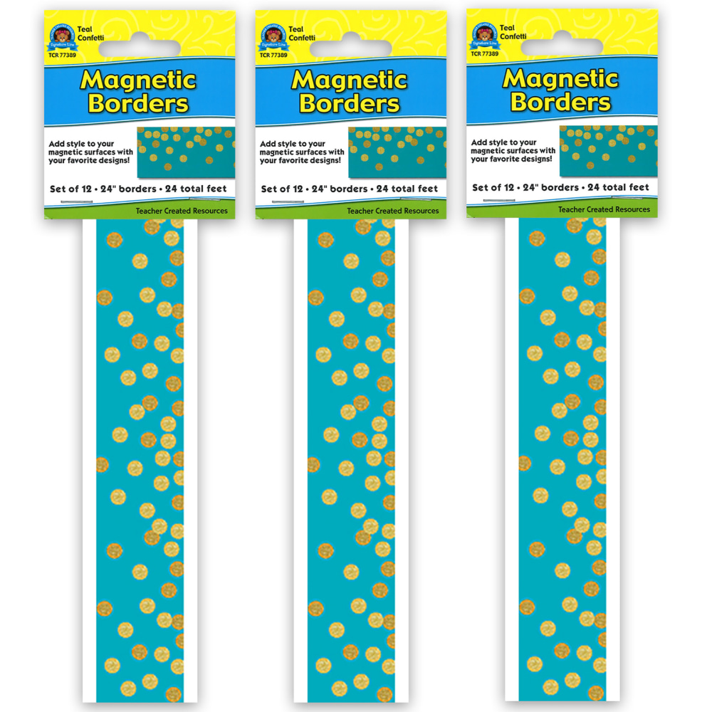 Teacher Created Resources Magnetic Borders, Teal Confetti, 24in x 1-1/2in, 12 Borders Per Pack, Set Of 3 Packs MPN:TCR77389-3
