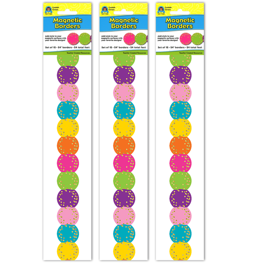 Teacher Created Resources Magnetic Borders, 24in x 1-1/2in, Confetti Circles, 12 Boarders Per Pack, Set Of 3 Packs MPN:TCR77390-3