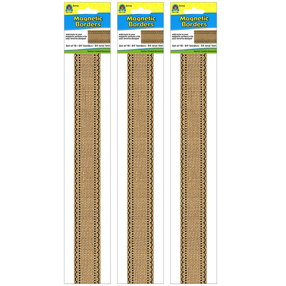 Teacher Created Resources Magnetic Borders, 24in x 1-1/2in, Burlap, 12 Boarders Per Pack, Set Of 3 Packs MPN:TCR77391-3