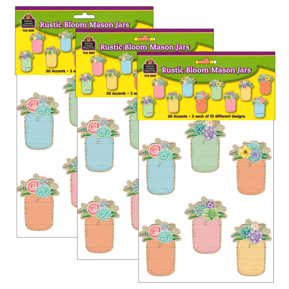 Teacher Created Resources Accents, Rustic Bloom Mason Jars, 30 Pieces Per Pack, Set Of 3 Packs MPN:TCR8551-3