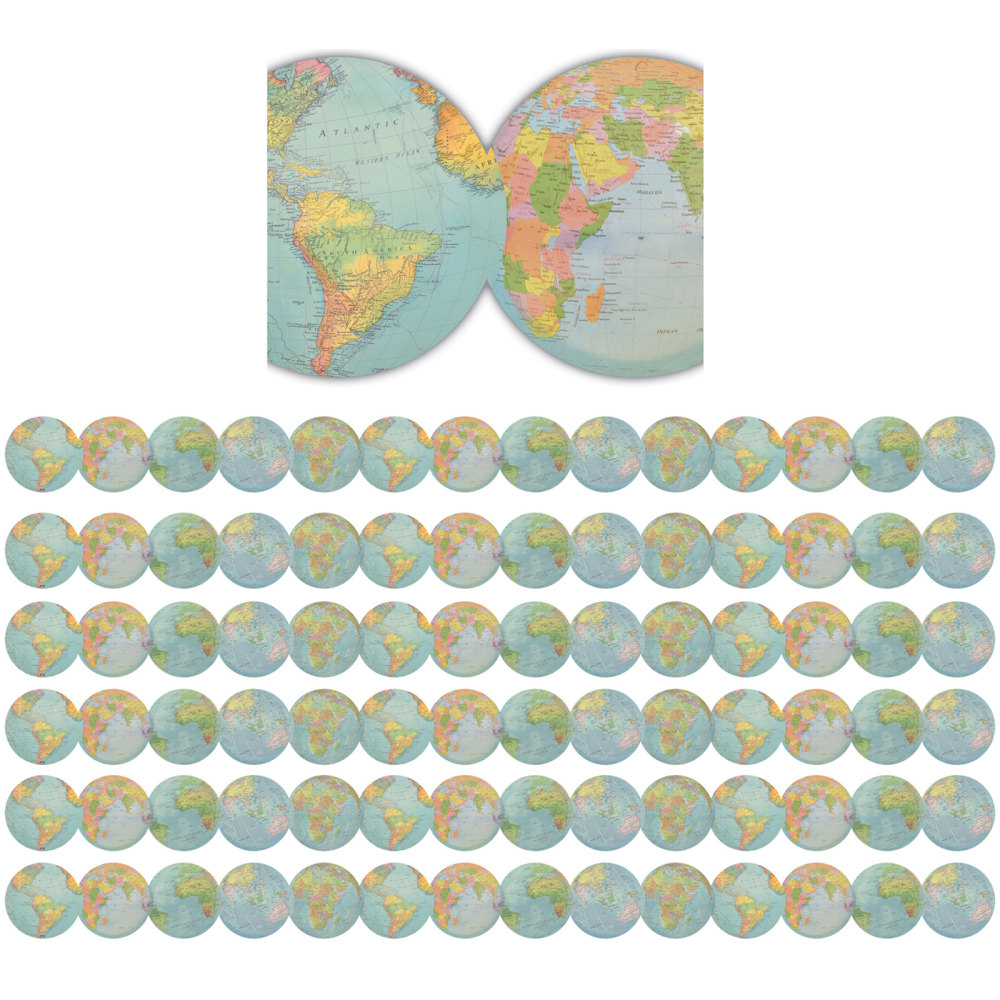 Teacher Created Resources Die-Cut Border Trim, Travel The Map Globes, 35' Per Pack, Set Of 6 Packs MPN:TCR8640-6