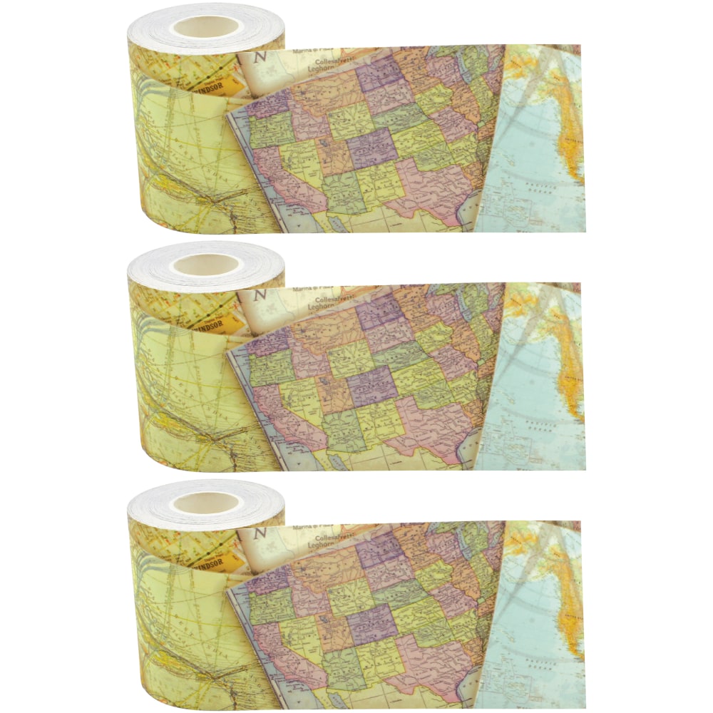 Teacher Created Resources Straight Rolled Border Trim, Travel The Map, 50' Per Roll, Pack Of 3 Rolls MPN:TCR8921-3