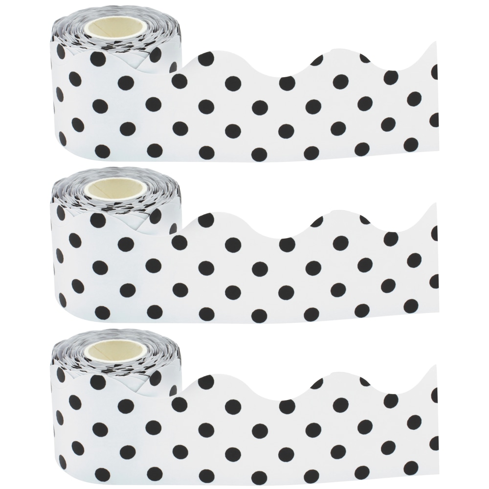 Teacher Created Resources Scalloped Border Trim, Black Polka Dots/White, 50ft Per Roll, Pack Of 3 Rolls MPN:TCR8946-3