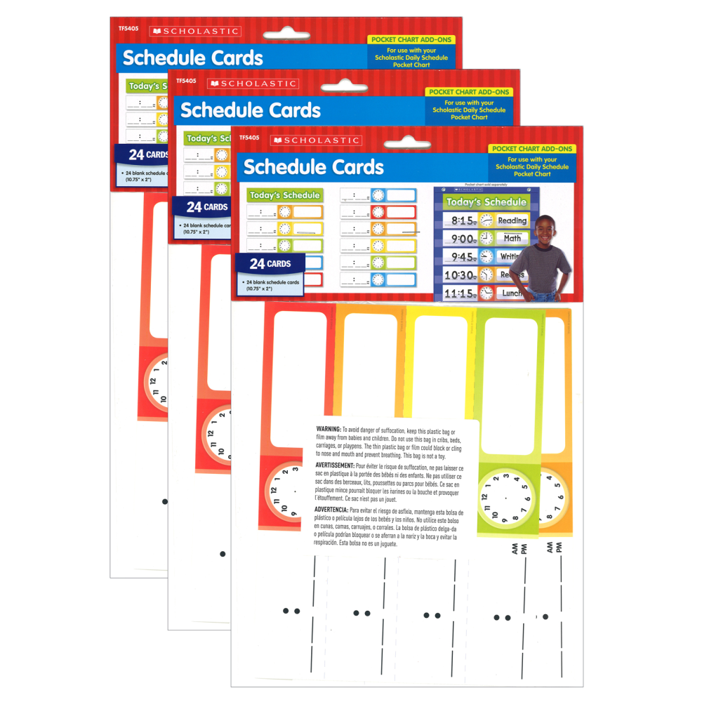 Scholastic Teacher Resources Schedule Cards, Pocket Chart Add-Ons, 2in x 10-3/4in, Assorted Colors, 24 Cards Per Pack, Set Of 3 Packs MPN:TF-5405-3