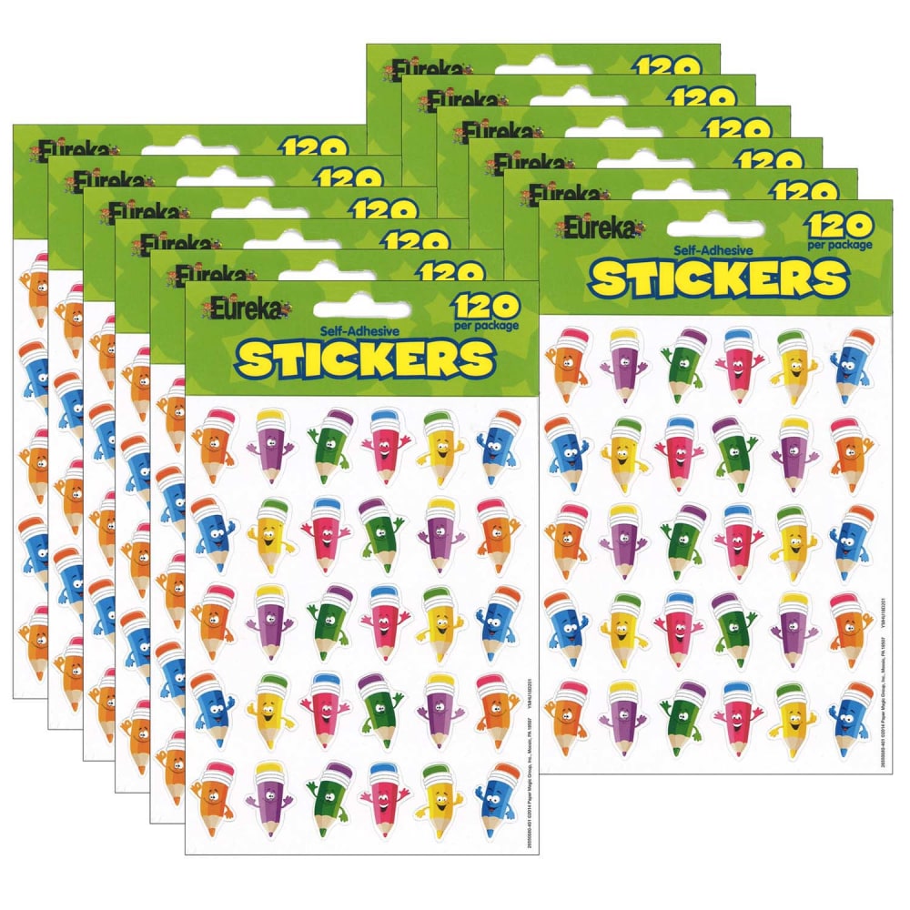Eureka Theme Stickers, Pencil Smiley Faces, 120 Stickers Per Pack, Set Of 12 Packs MPN:EU-655068-12