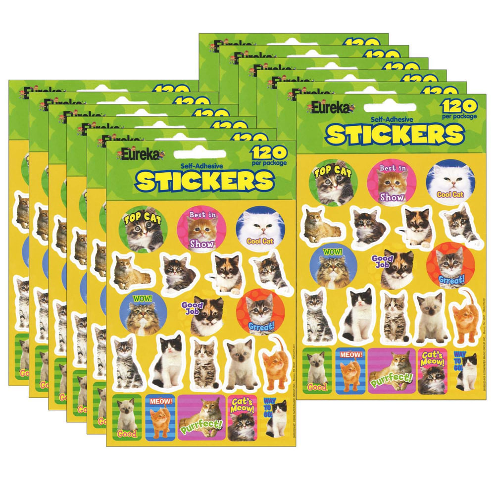 Eureka Theme Stickers, Motivational Cats, 120 Stickers Per Pack, Set Of 12 Packs MPN:EU-655202-12
