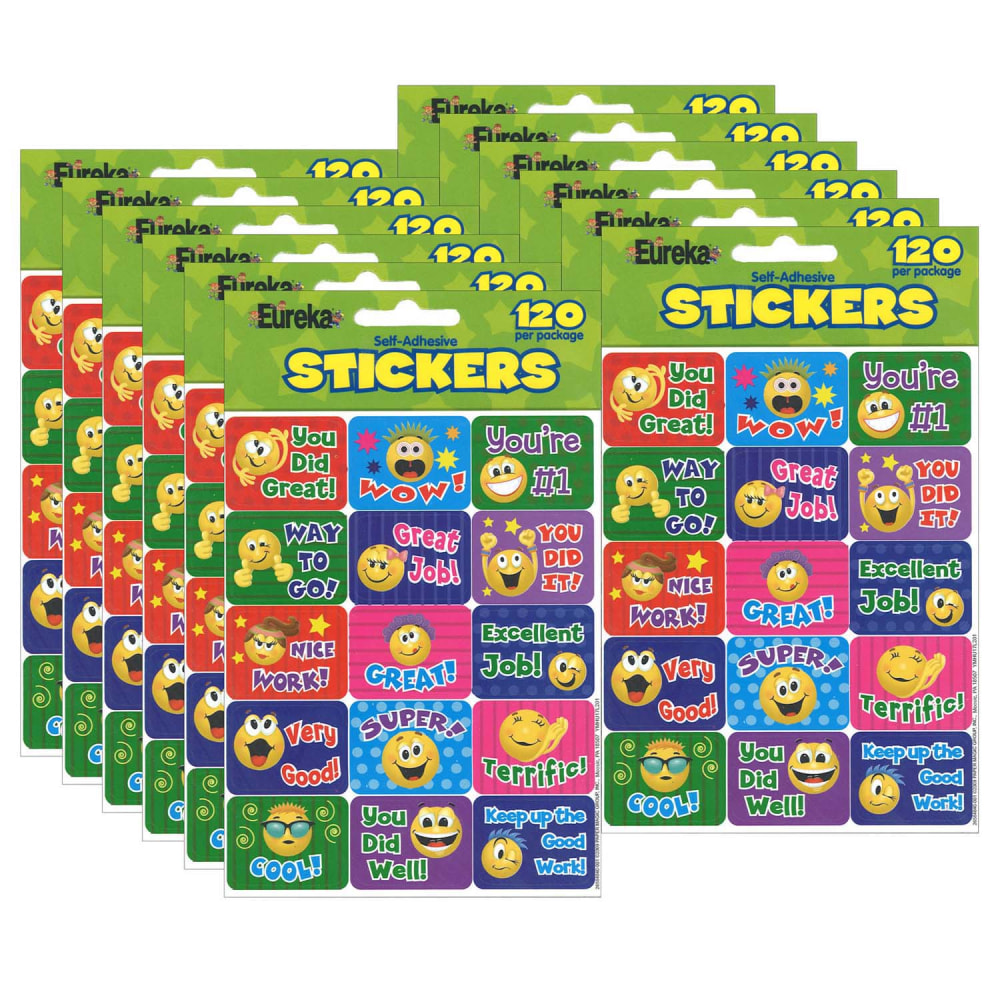 Eureka Success Stickers, Emoticons, 120 Stickers Per Pack, Set Of 12 Packs MPN:EU-658404-12