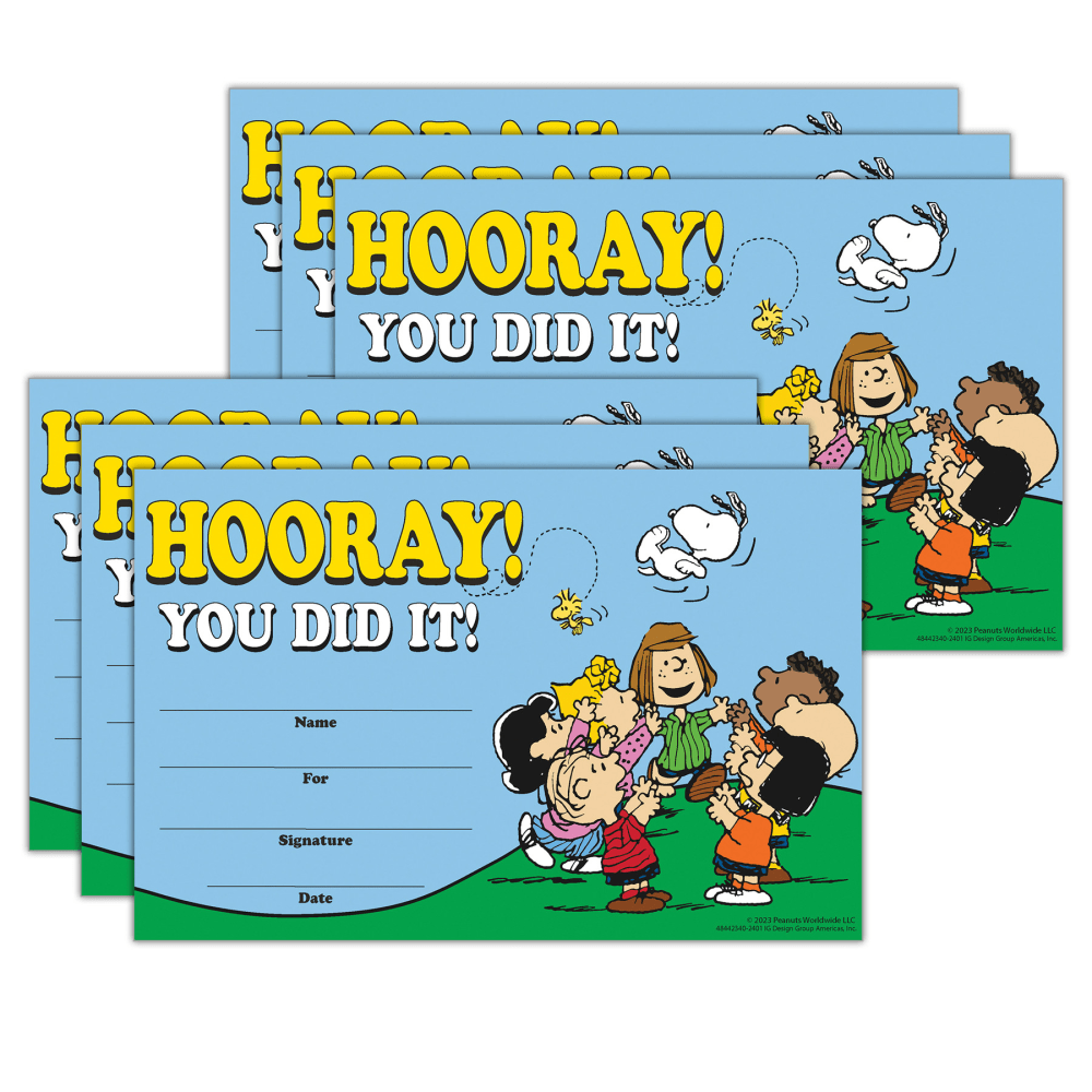 Eureka Recognition Awards, Peanuts, 8-1/2in x 5-1/2in, 36 Awards Per Pack, Set Of 6 Packs MPN:EU-844234-6
