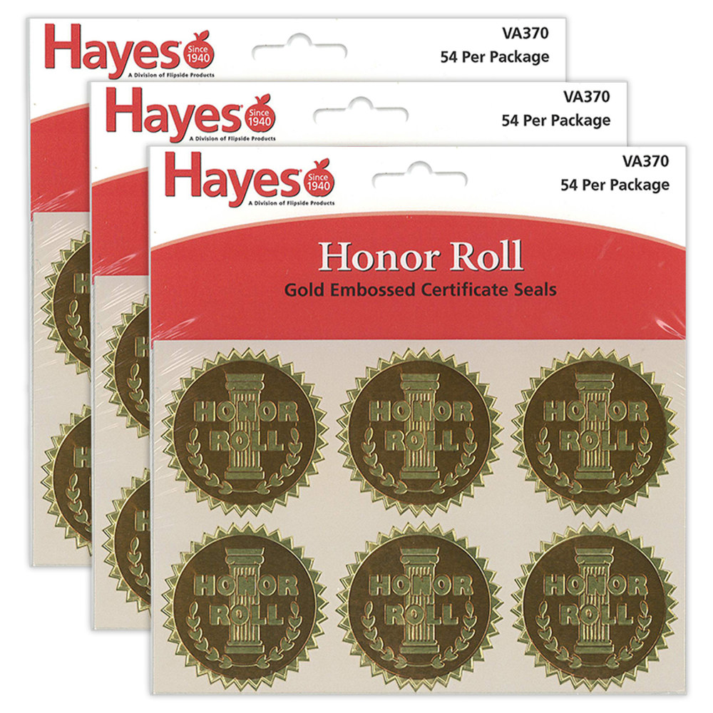 Hayes Publishing Gold Foil Embossed Seals, Honor Roll, 54 Per Pack, Set Of 3 Packs MPN:H-VA370-3