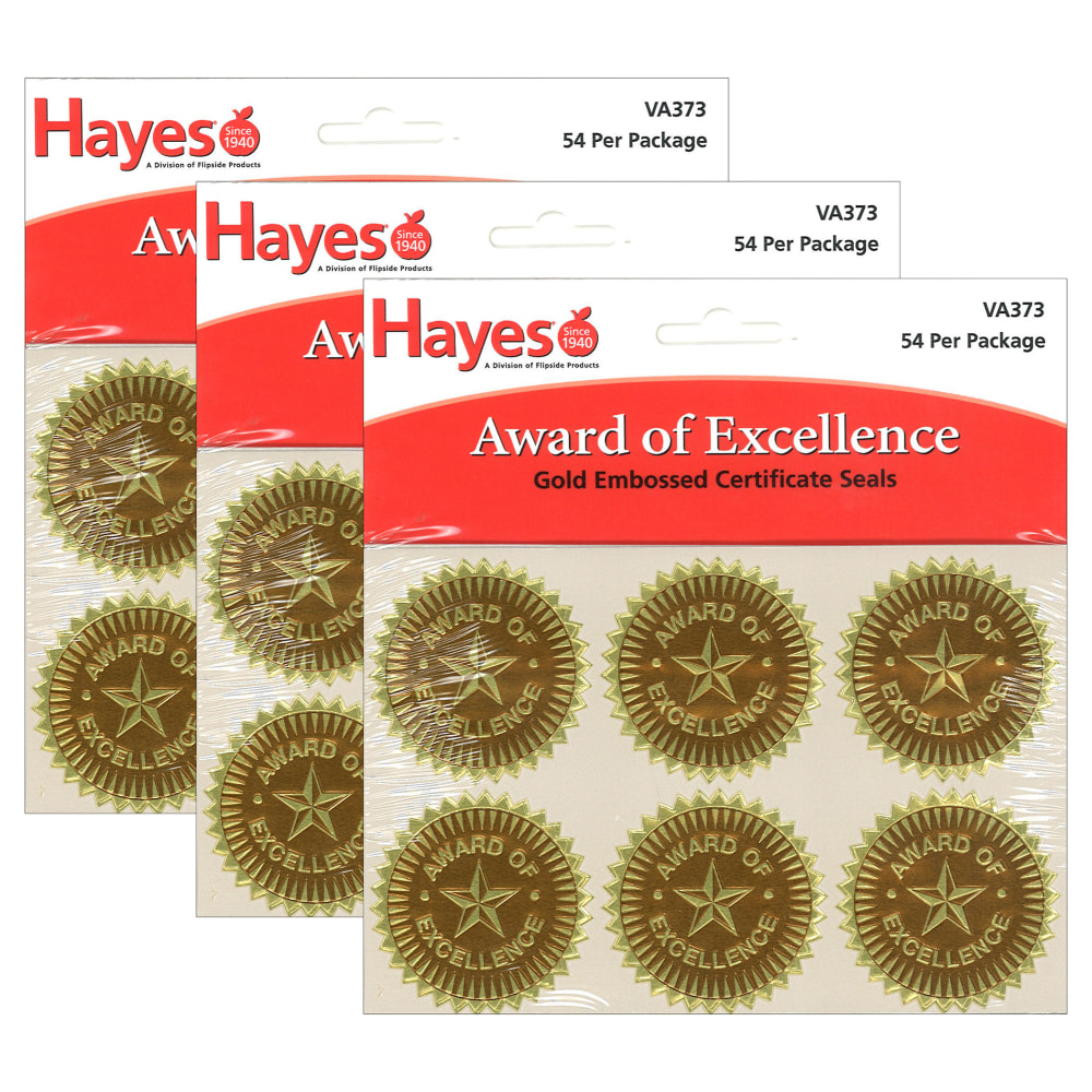 Hayes Publishing Gold Foil Embossed Seals, Award Of Excellence, 54 Seals Per Pack, Set Of 3 Packs MPN:H-VA373-3